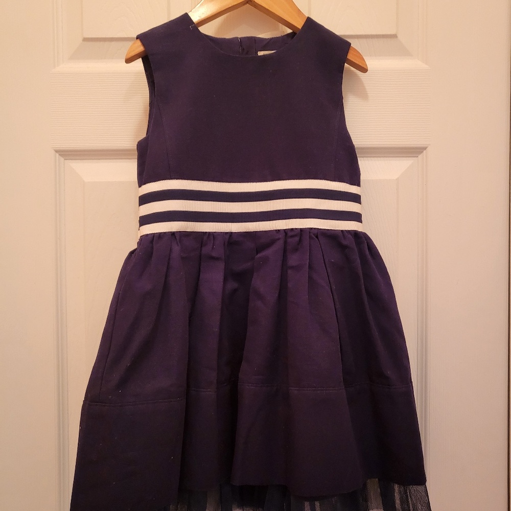 Jean Bourget sleeveless pleated navy blue and white dress with bow in the back